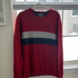 Izod Men's Red Crewneck Sweater - Gray & Black Stripes - Size Large